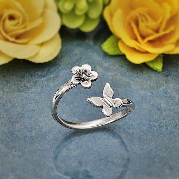 Sterling Silver Butterfly & Flower Adjustable Ring