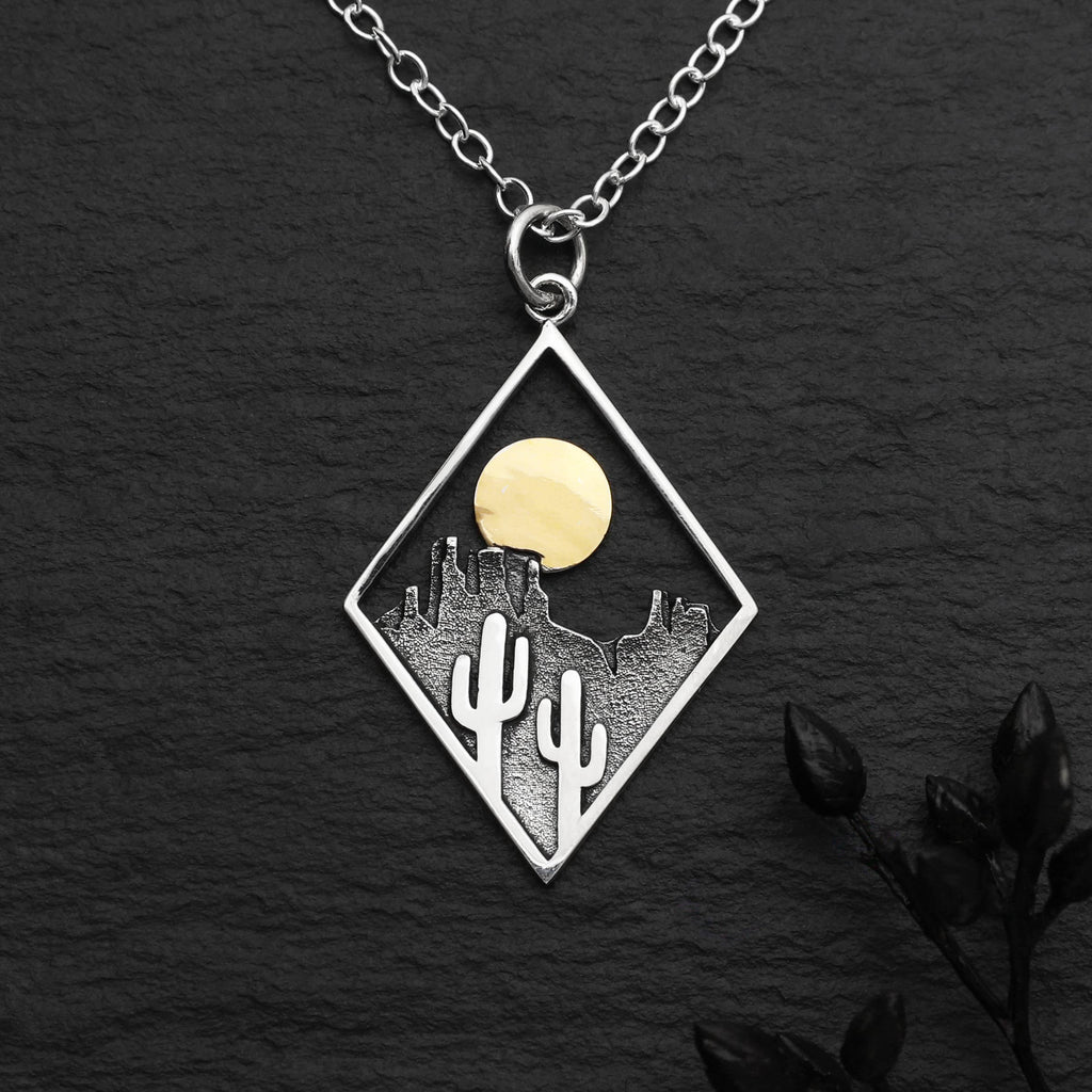 Sterling Silver Cactus with Bronze Sun Necklace
