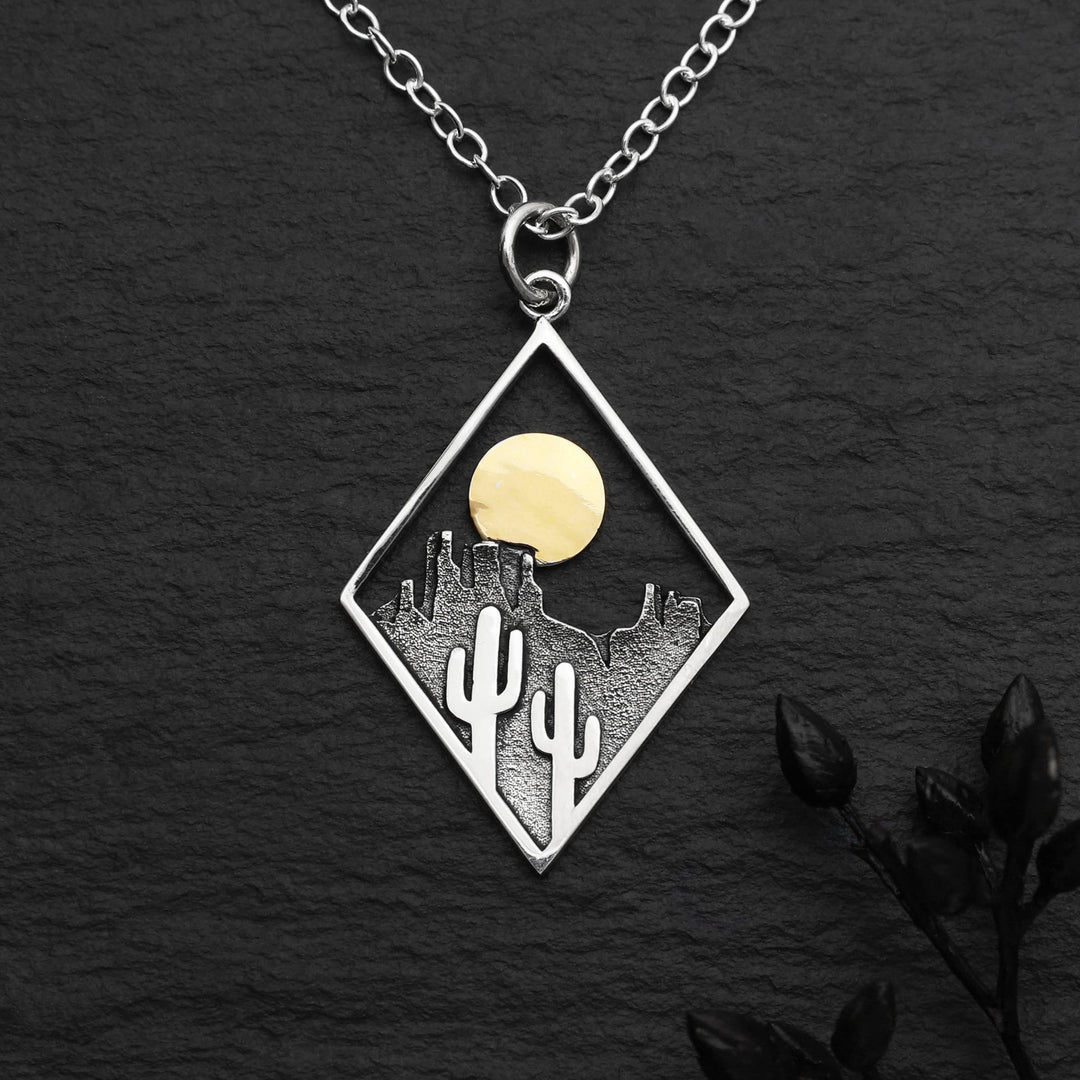 Sterling Silver Cactus with Bronze Sun Necklace