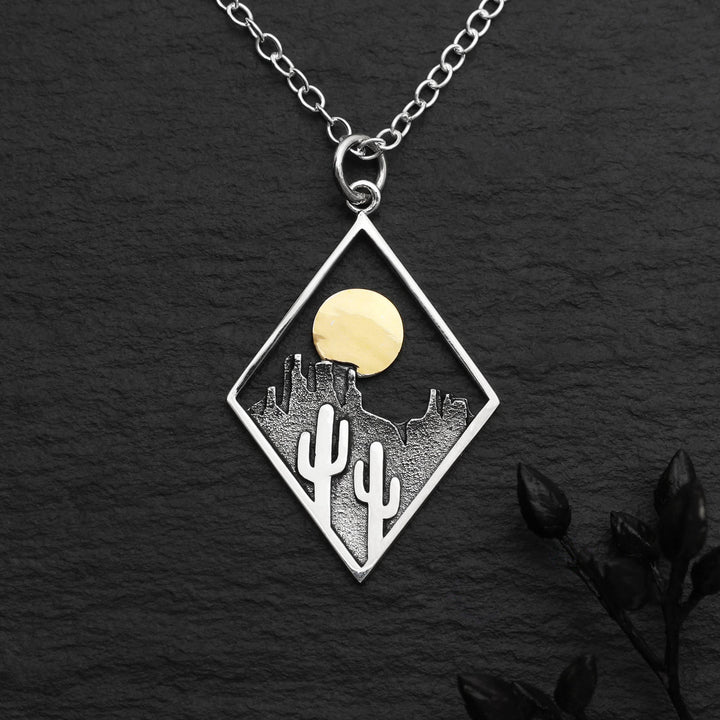 Sterling Silver Cactus with Bronze Sun Necklace