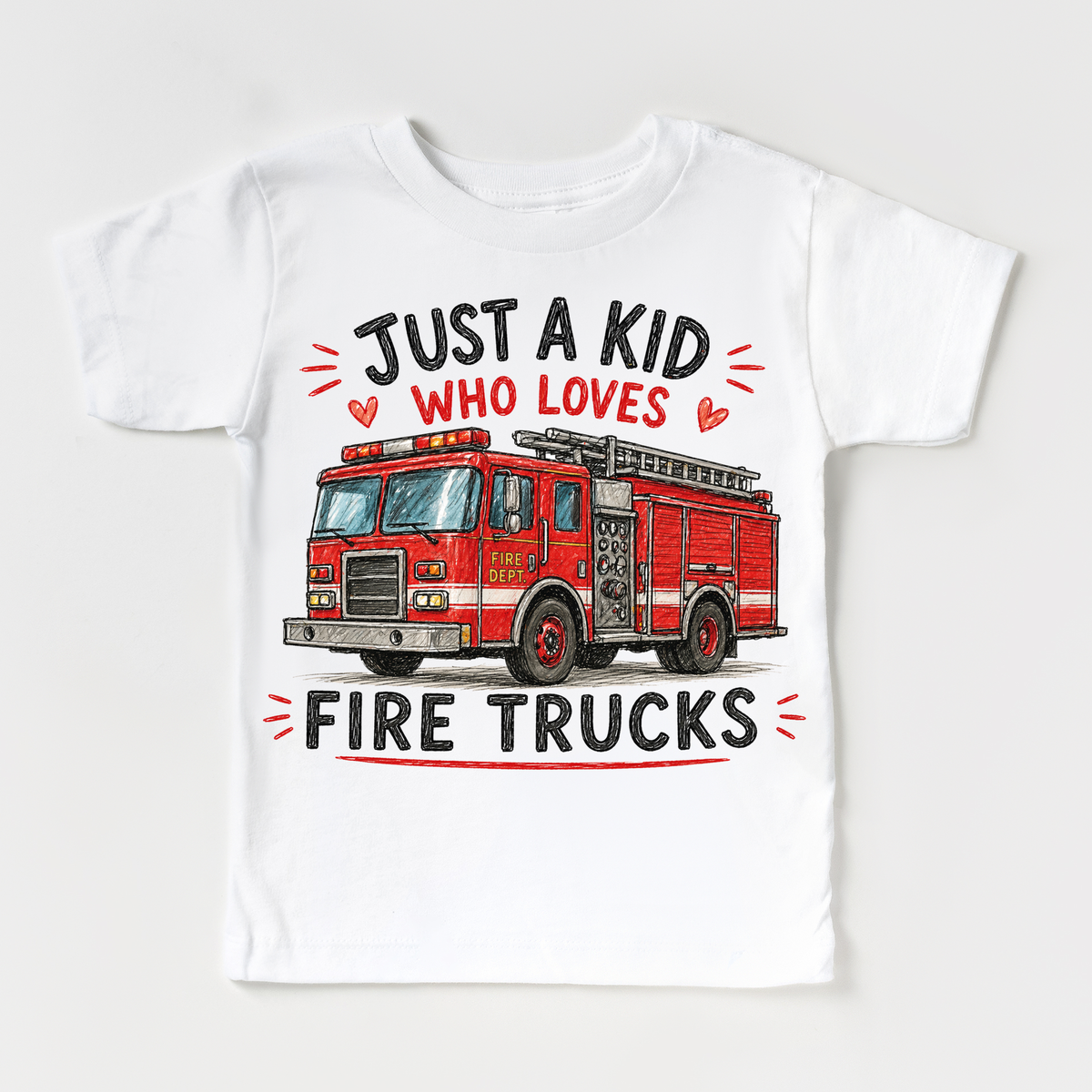 Just a Kid Who Loves Fire Trucks Kids Graphic T-Shirt | Red Fire Engine Tee for Boys & Girls