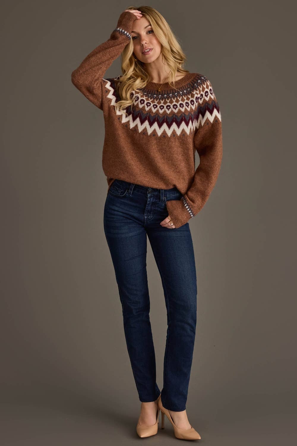Brown, Gray, Burgundy & White Fair Isle Sweater