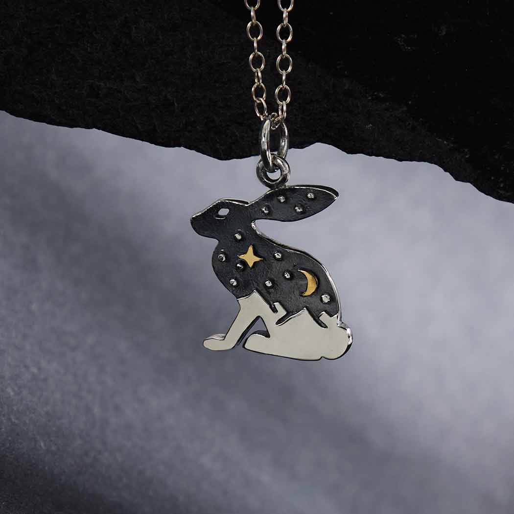 Sterling Silver Rabbit with Bronze Star and Moon Necklace