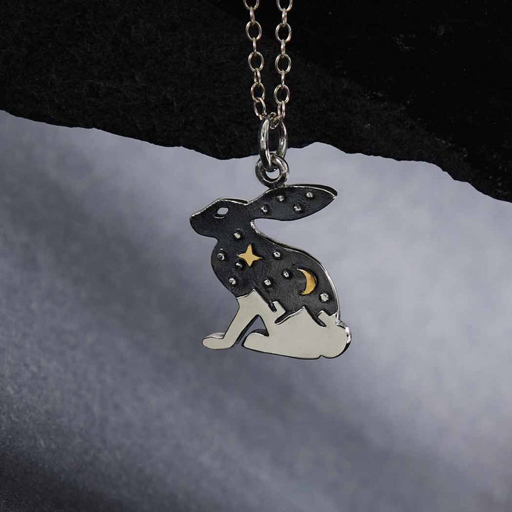 Sterling Silver Rabbit with Bronze Star and Moon Necklace