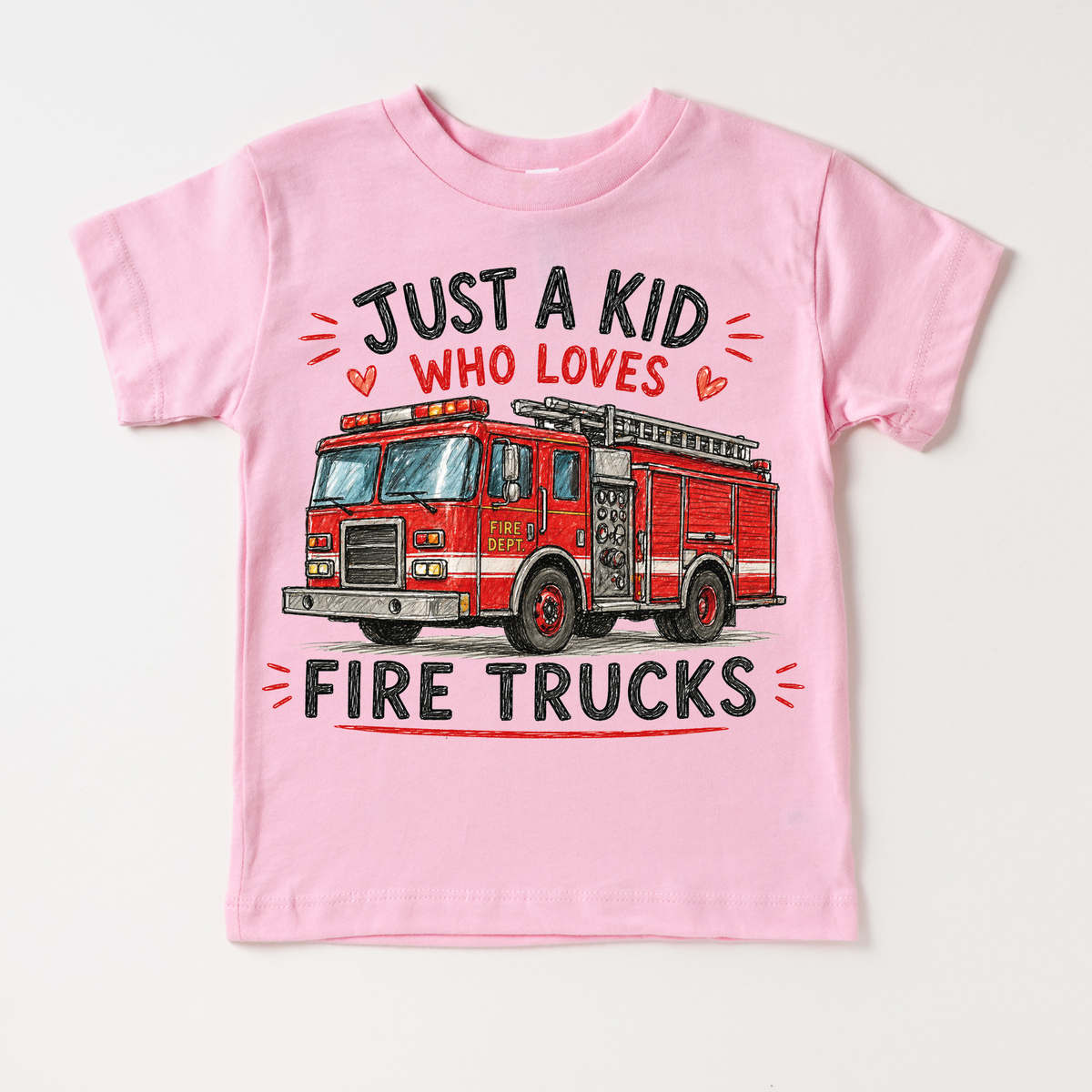 Just a Kid Who Loves Fire Trucks Kids Graphic T-Shirt | Red Fire Engine Tee for Boys & Girls