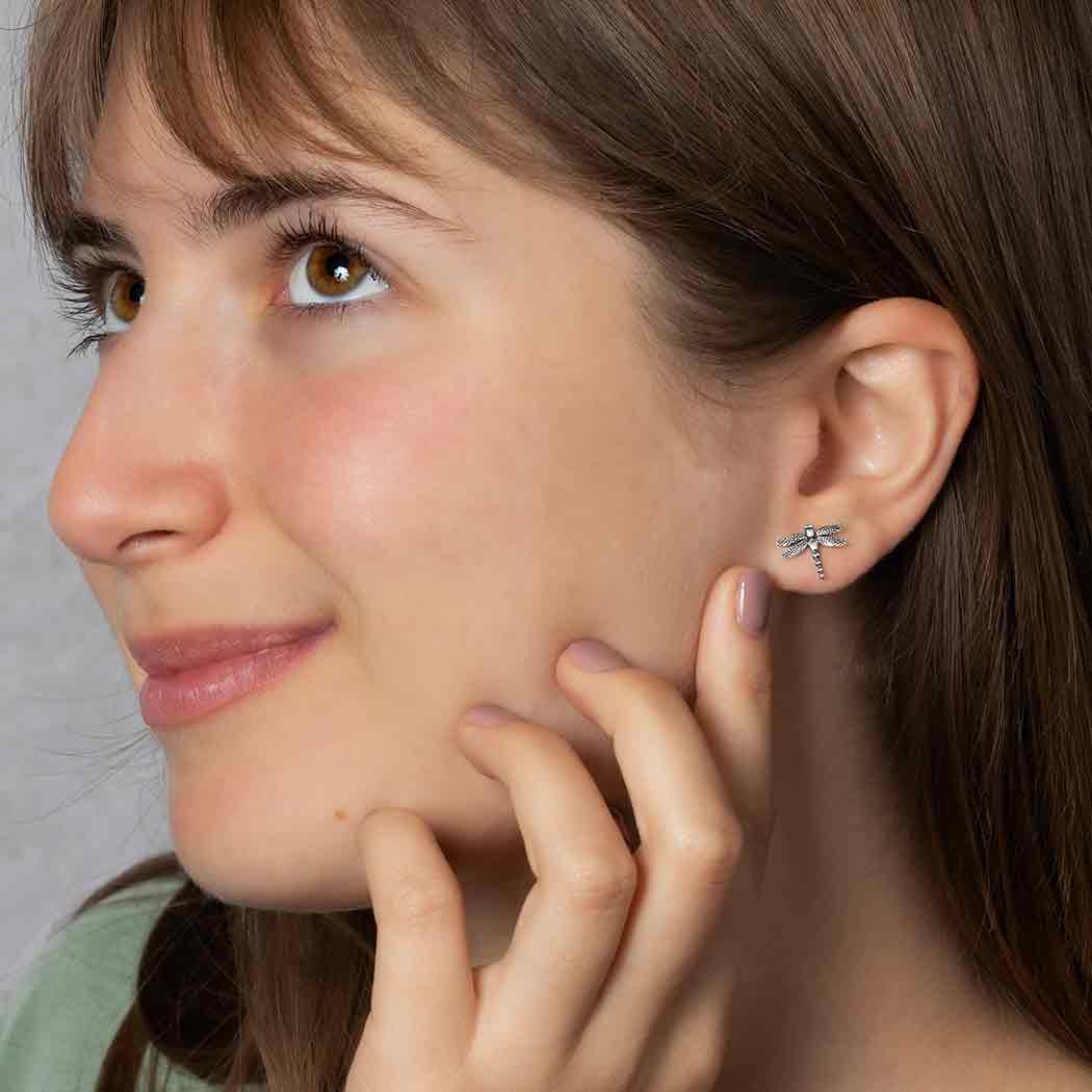 Sterling Silver Detailed Dragonfly Post Earrings 10x12mm