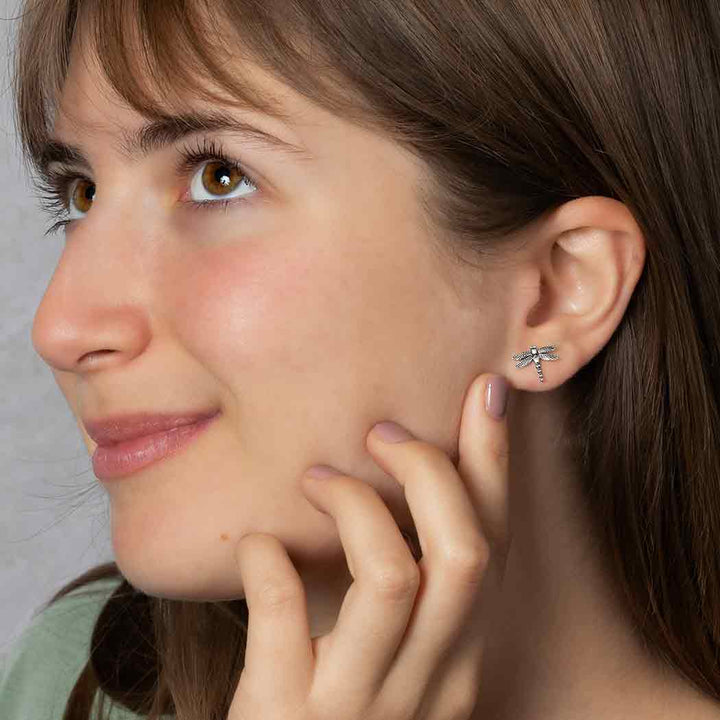 Sterling Silver Detailed Dragonfly Post Earrings 10x12mm