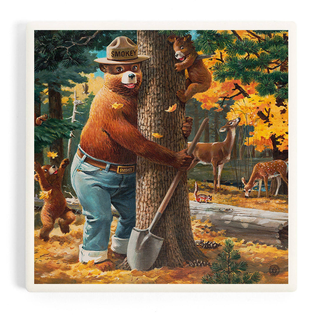 CERAMIC COASTER Smokey Bear, Hugging Tree