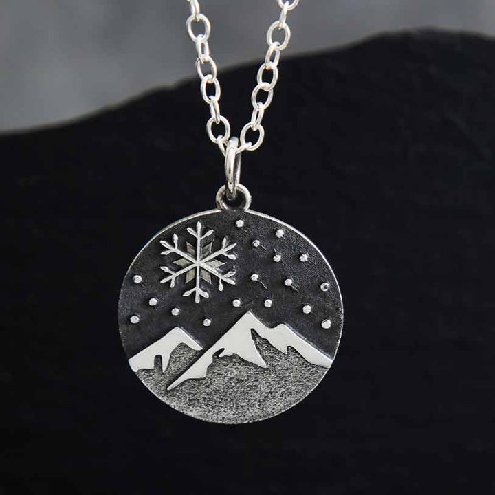 Sterling Silver Snowy Mountain and Snowflake Charm Necklace