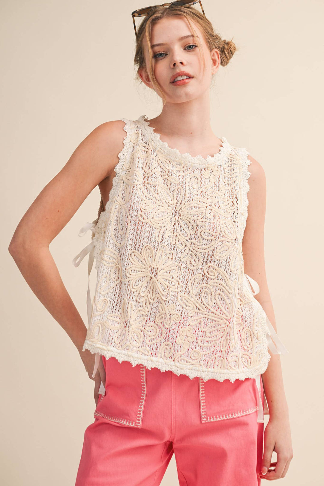FLORAL CROCHET TANK WITH SIDE TYING DETAIL MTP4770