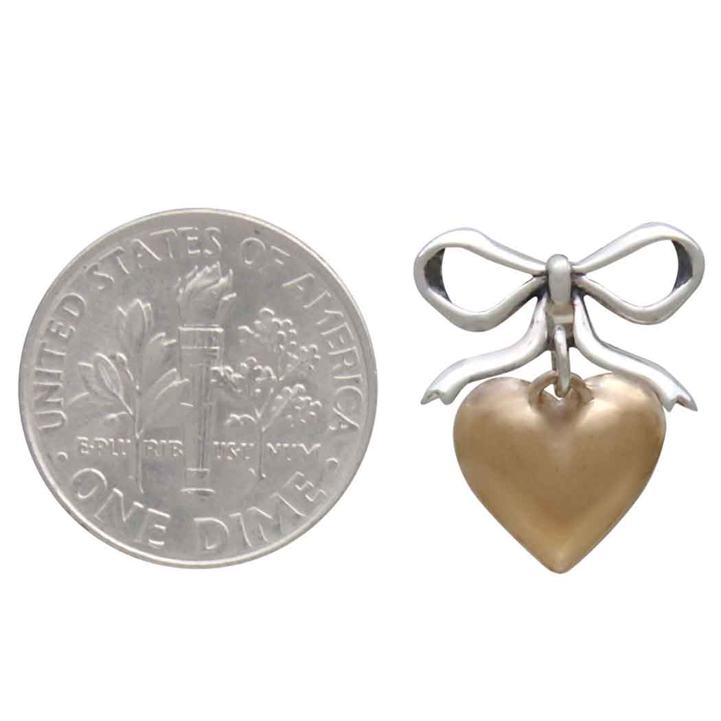 Silver Bow Post Earrings with Bronze Heart Dangle 18x14mm
