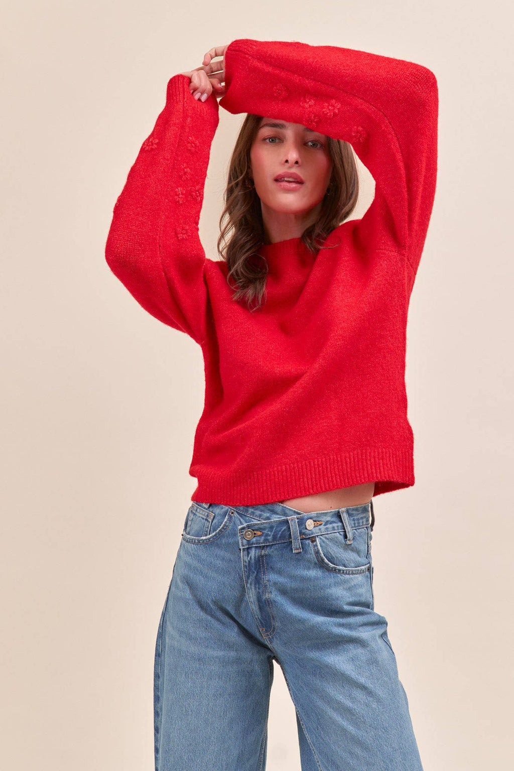 FLORAL KNIT PUFF SLEEVE SWEATER