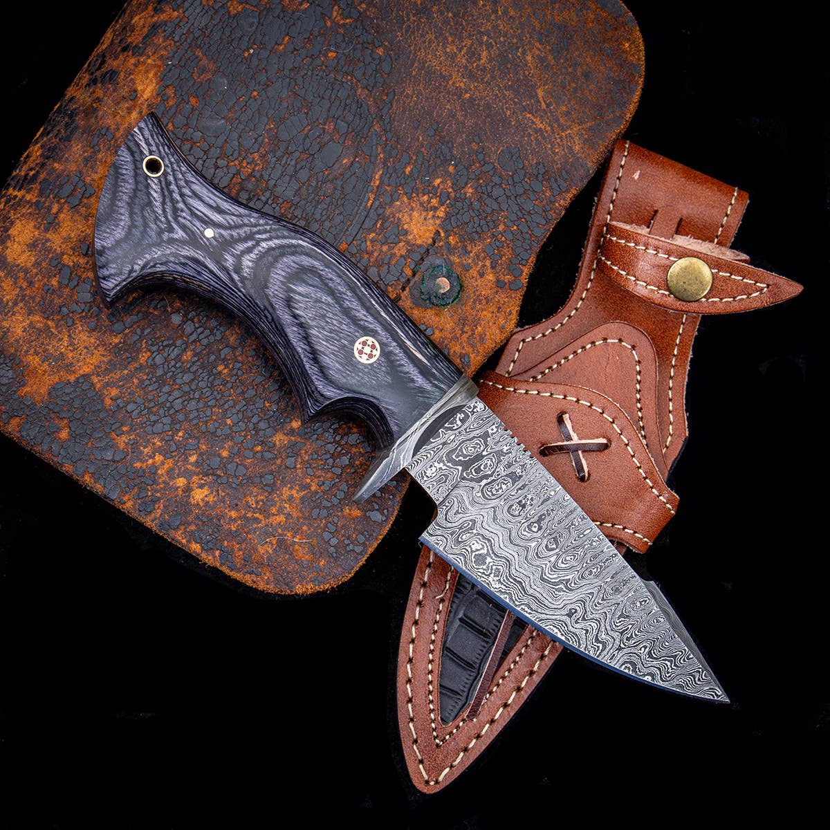 10' Handmade damascus steel knife with leather sheath
