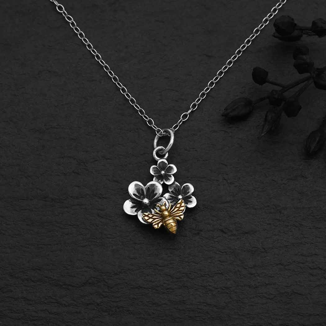 Sterling Silver Cherry Blossom with Bronze Bee Necklace