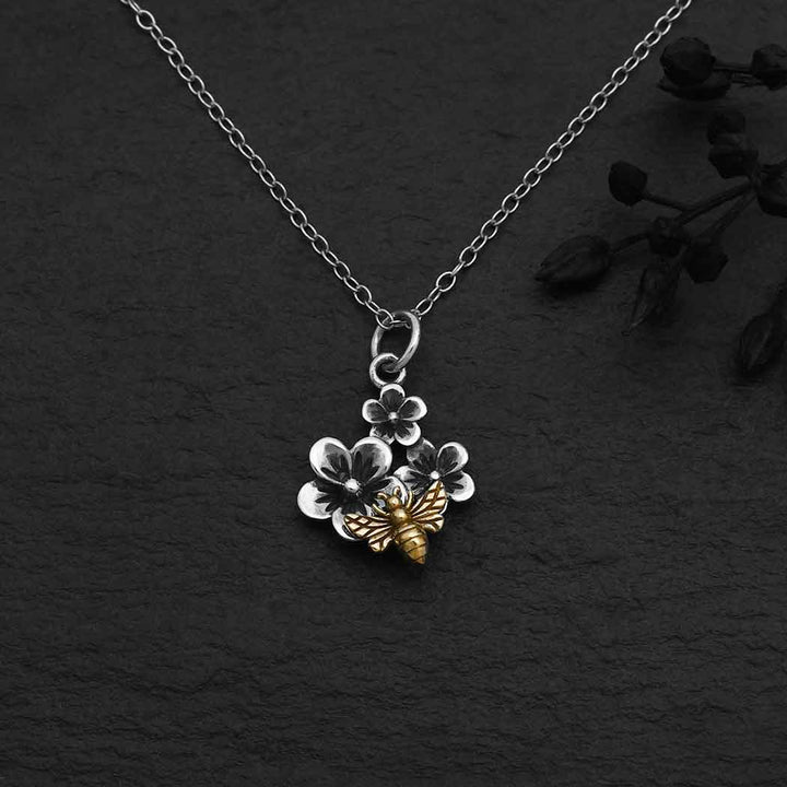 Sterling Silver Cherry Blossom with Bronze Bee Necklace