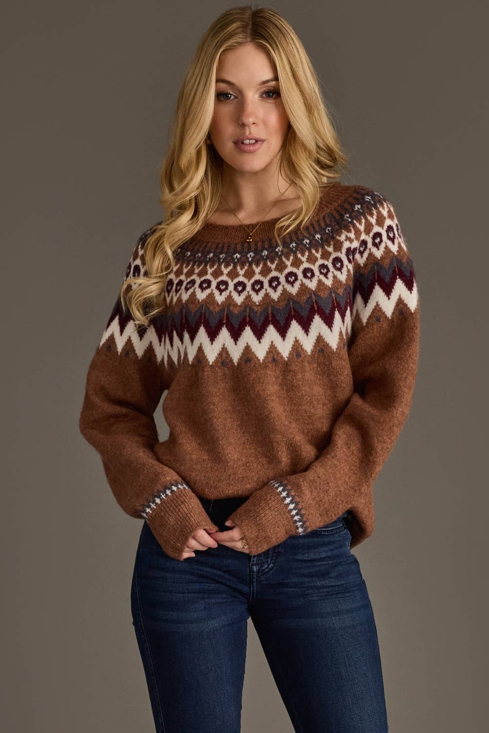 Brown, Gray, Burgundy & White Fair Isle Sweater