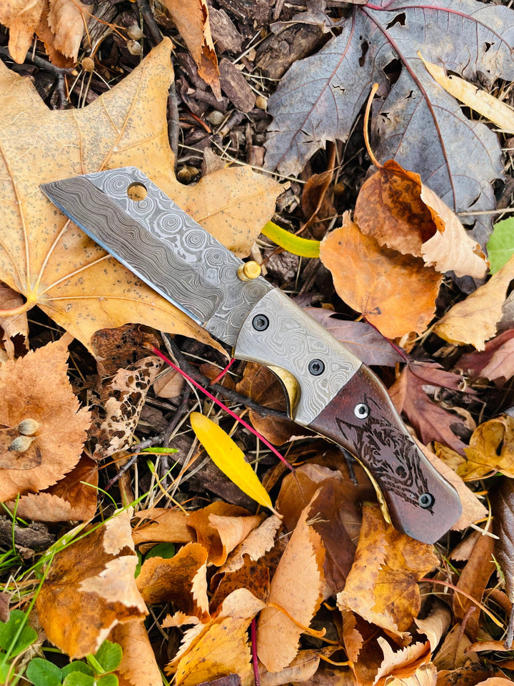 Damascus Steel Handmade Folding Knife Wolf Engraved TK-049 Limited Run