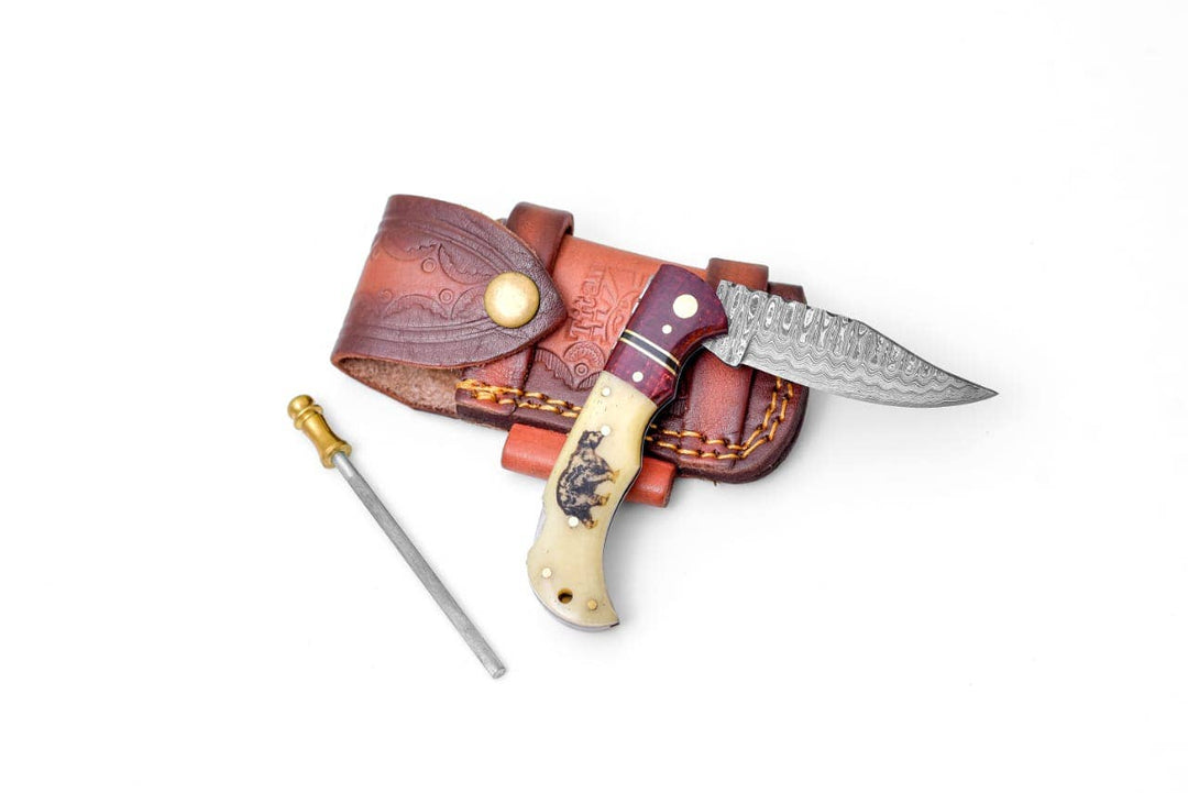 Bear Engraved Damascus Folding Knife with Leather Sheath