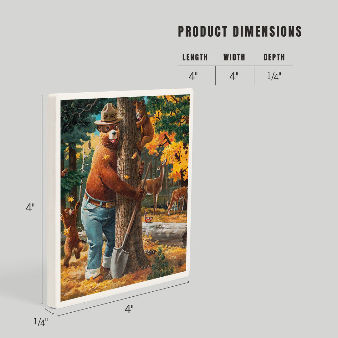 CERAMIC COASTER Smokey Bear, Hugging Tree
