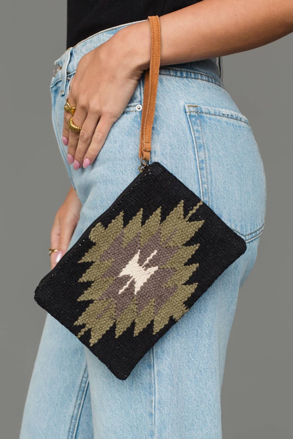 Black, Olive, Gray & Cream Western Wristlet
