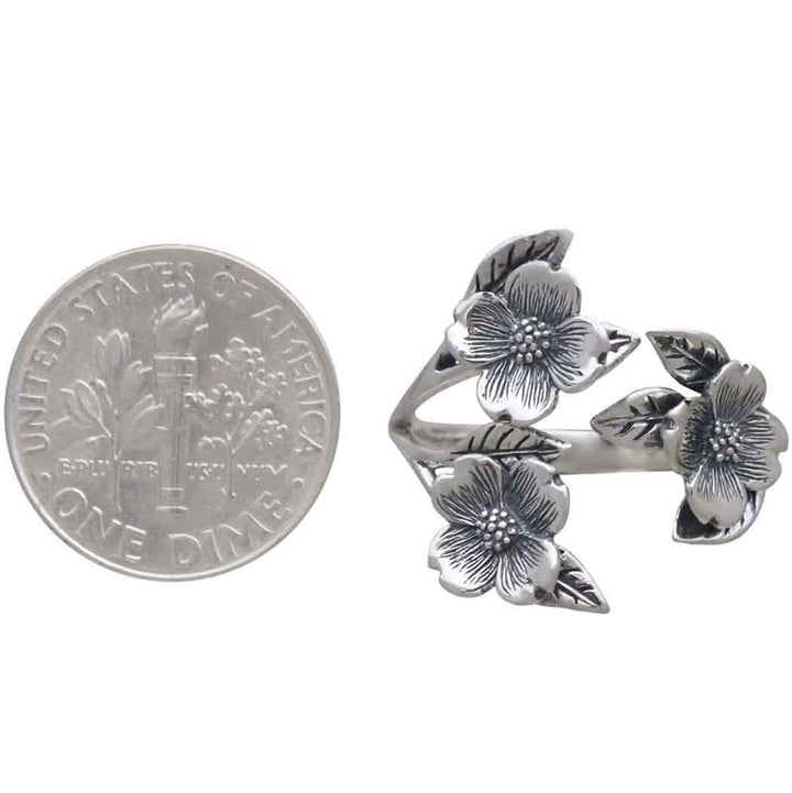 Silver or Bronze Adjustable Dogwood Flower and Leaf Ring