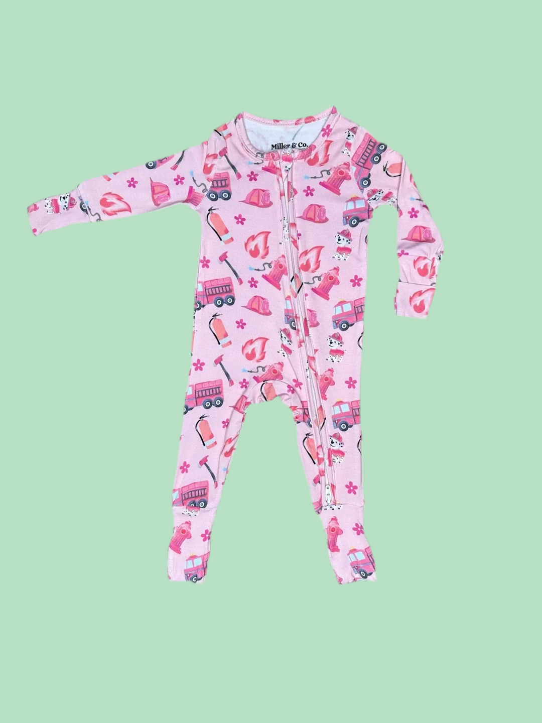Pink Firefighter Bamboo Zipper Footie