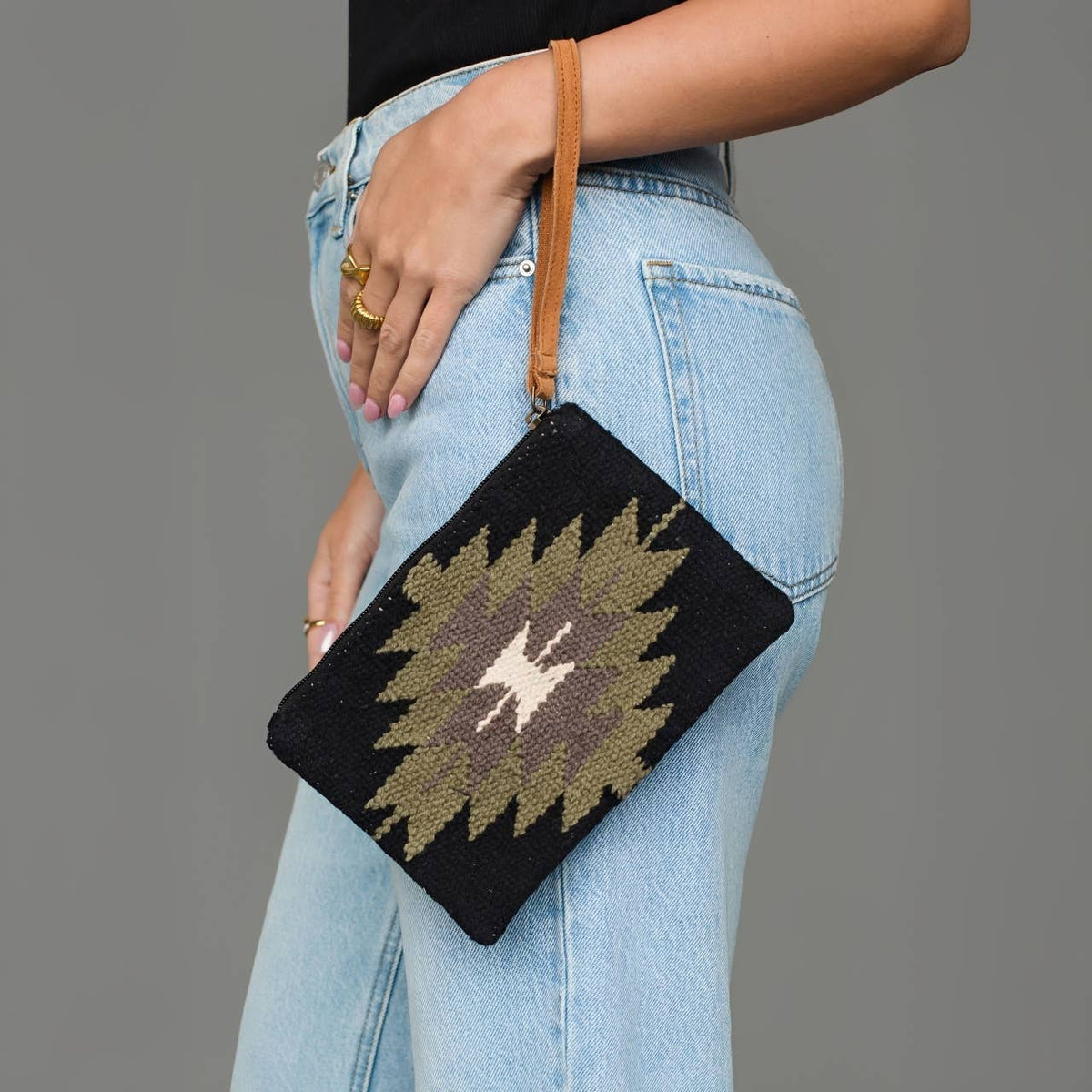 Black, Olive, Gray & Cream Western Wristlet
