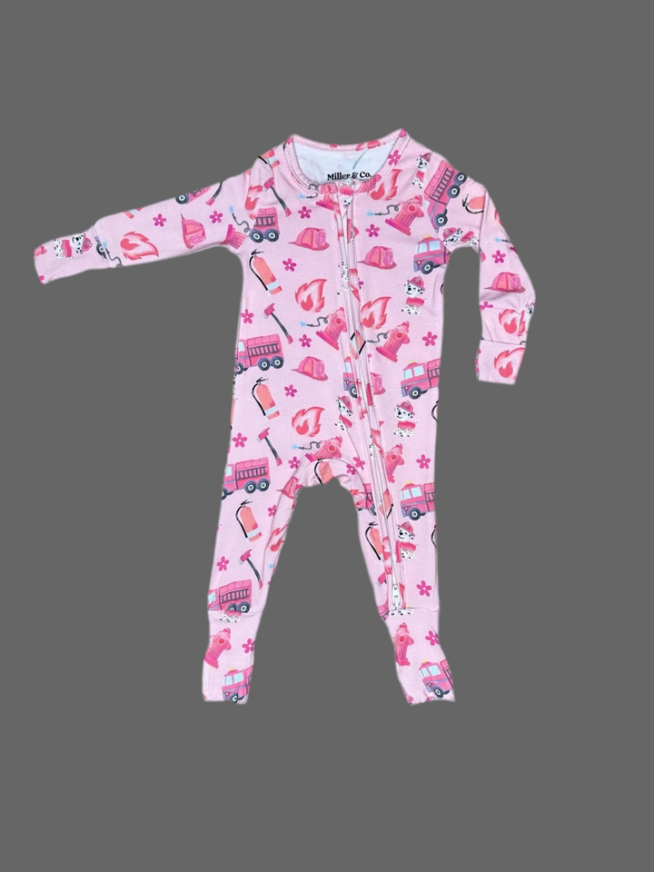 Pink Firefighter Bamboo Zipper Footie