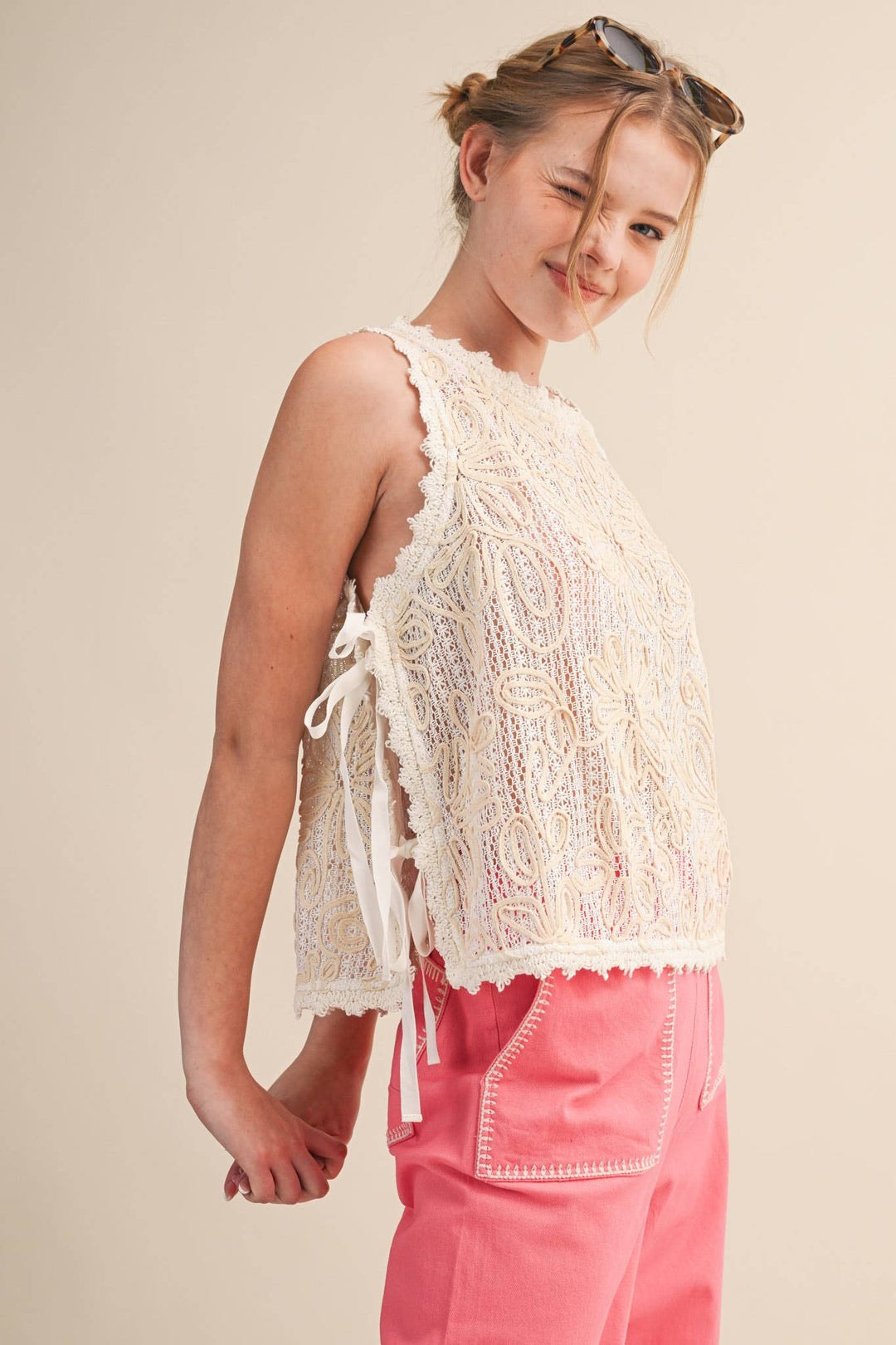 FLORAL CROCHET TANK WITH SIDE TYING DETAIL MTP4770