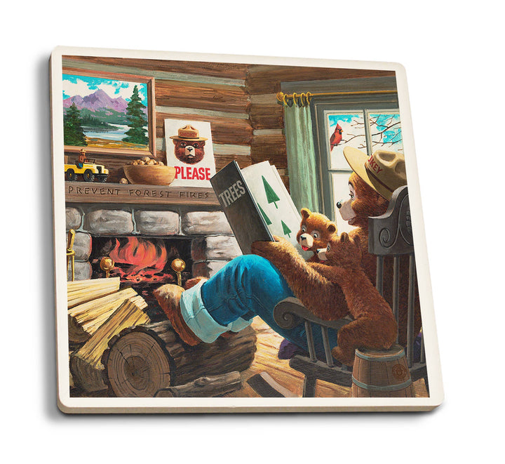 CERAMIC COASTER Smokey Bear, Reading Book to Cubs
