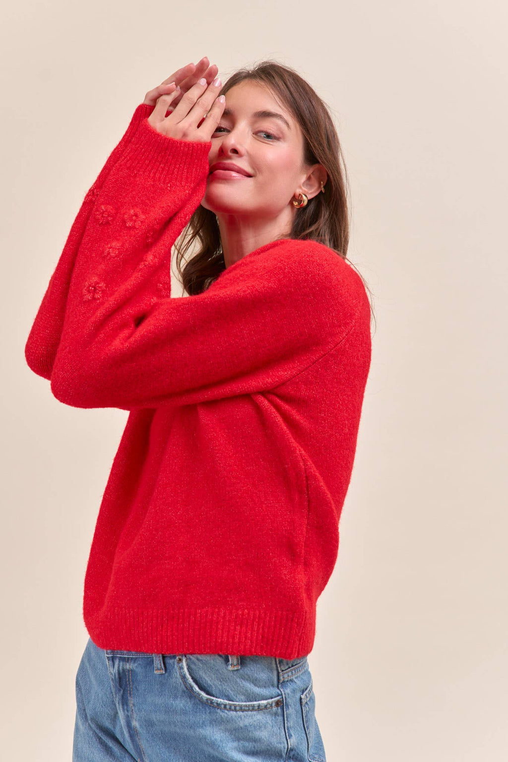 FLORAL KNIT PUFF SLEEVE SWEATER