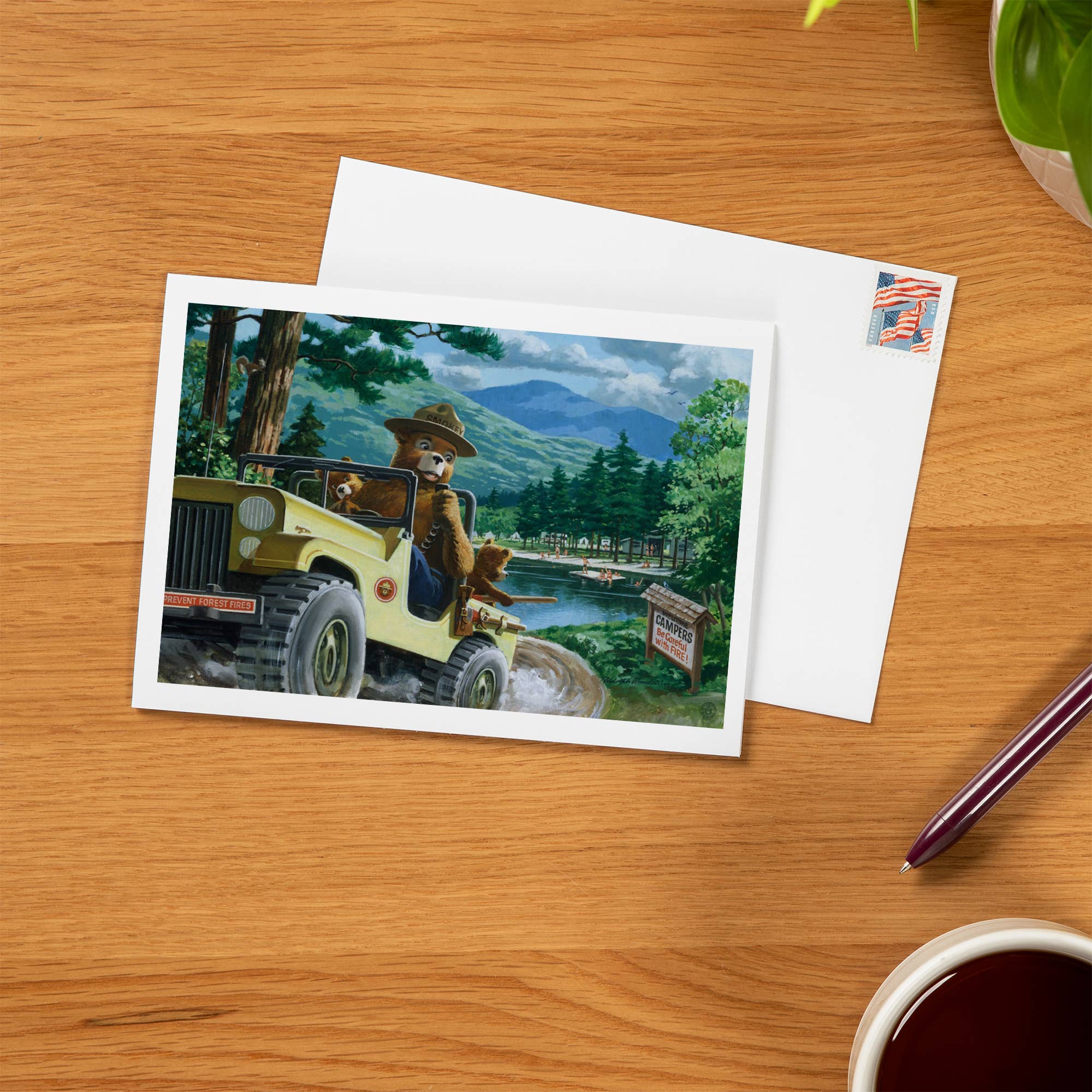 GREETING CARD Smokey Bear Leaving in SUV Vintage Poster
