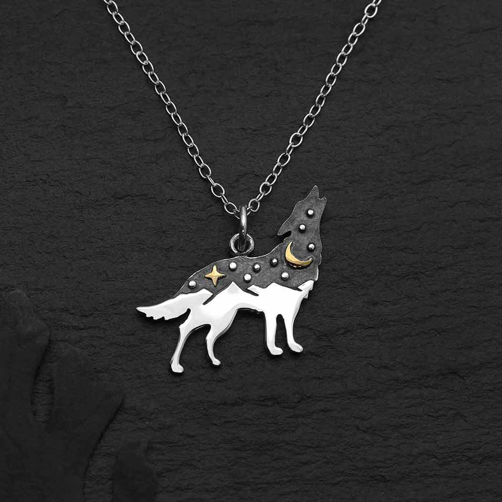 Sterling Silver Wolf with Bronze Necklace