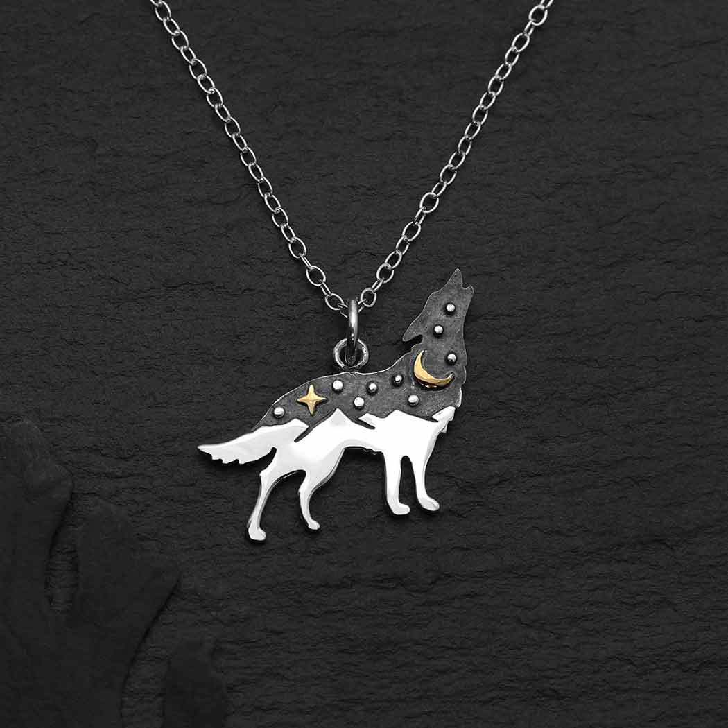 Sterling Silver Wolf with Bronze Necklace