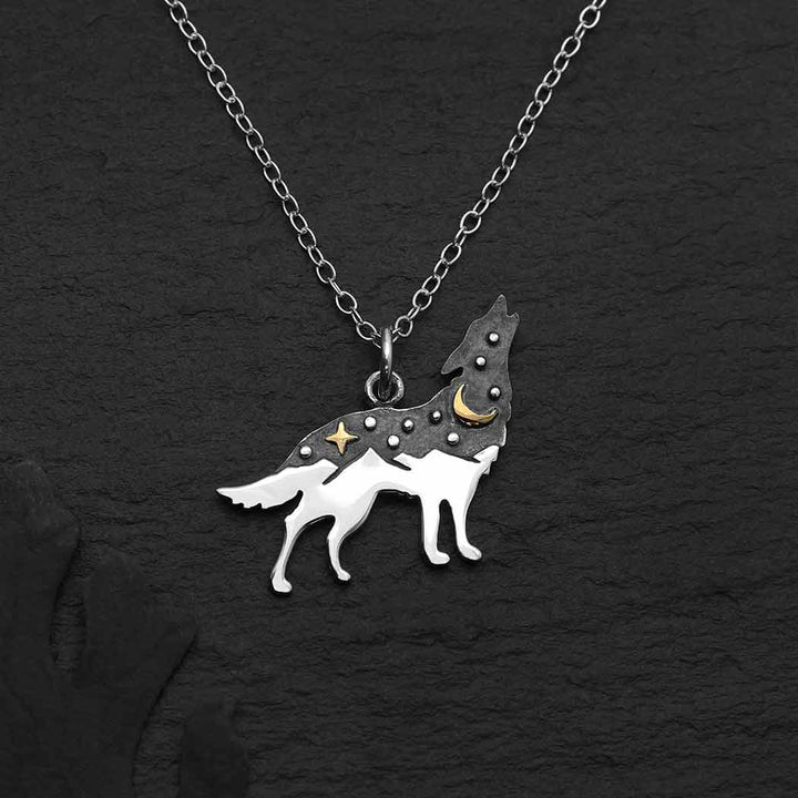 Sterling Silver Wolf with Bronze Necklace