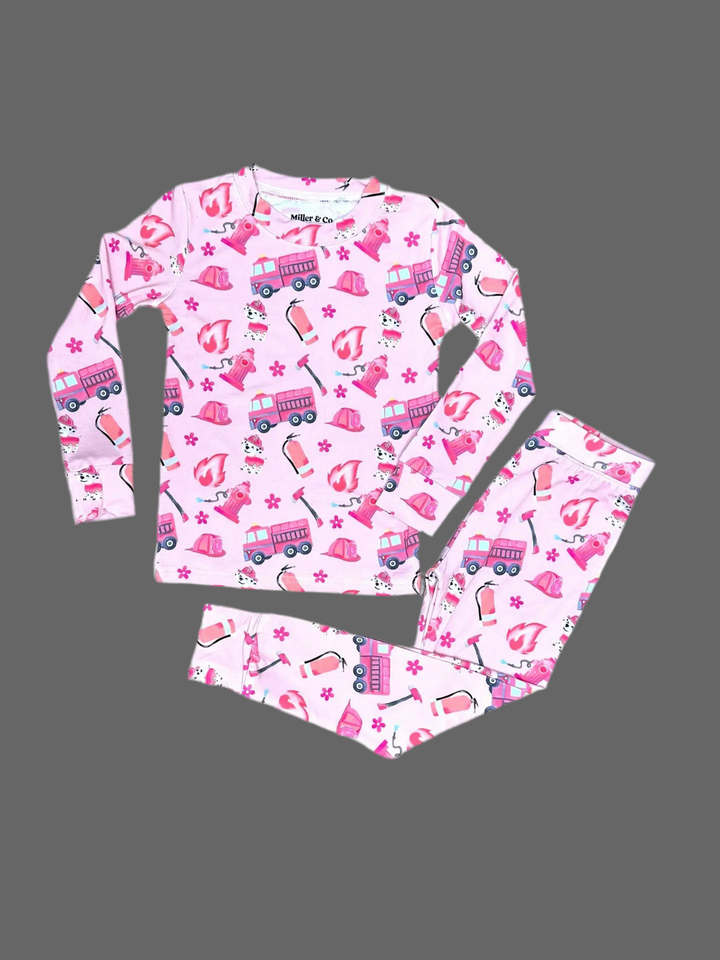 2-Piece Pink Firefighter PJ Long Pants and Long Sleeve Set