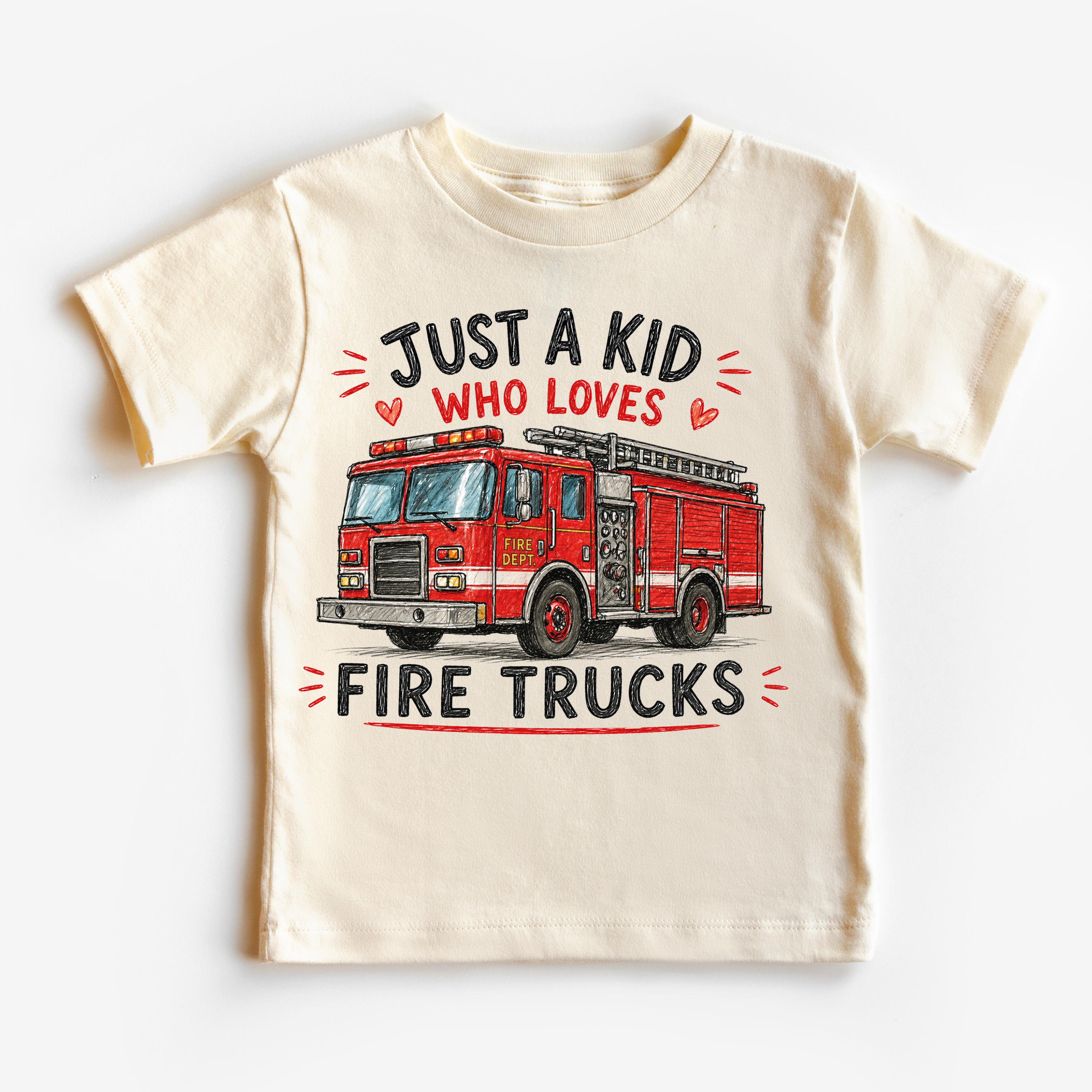 Just a Kid Who Loves Fire Trucks Kids Graphic T-Shirt | Red Fire Engine Tee for Boys & Girls