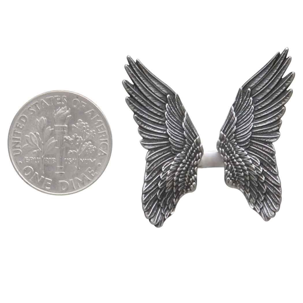 Sterling Silver Adjustable Detailed Angel Wing Ring