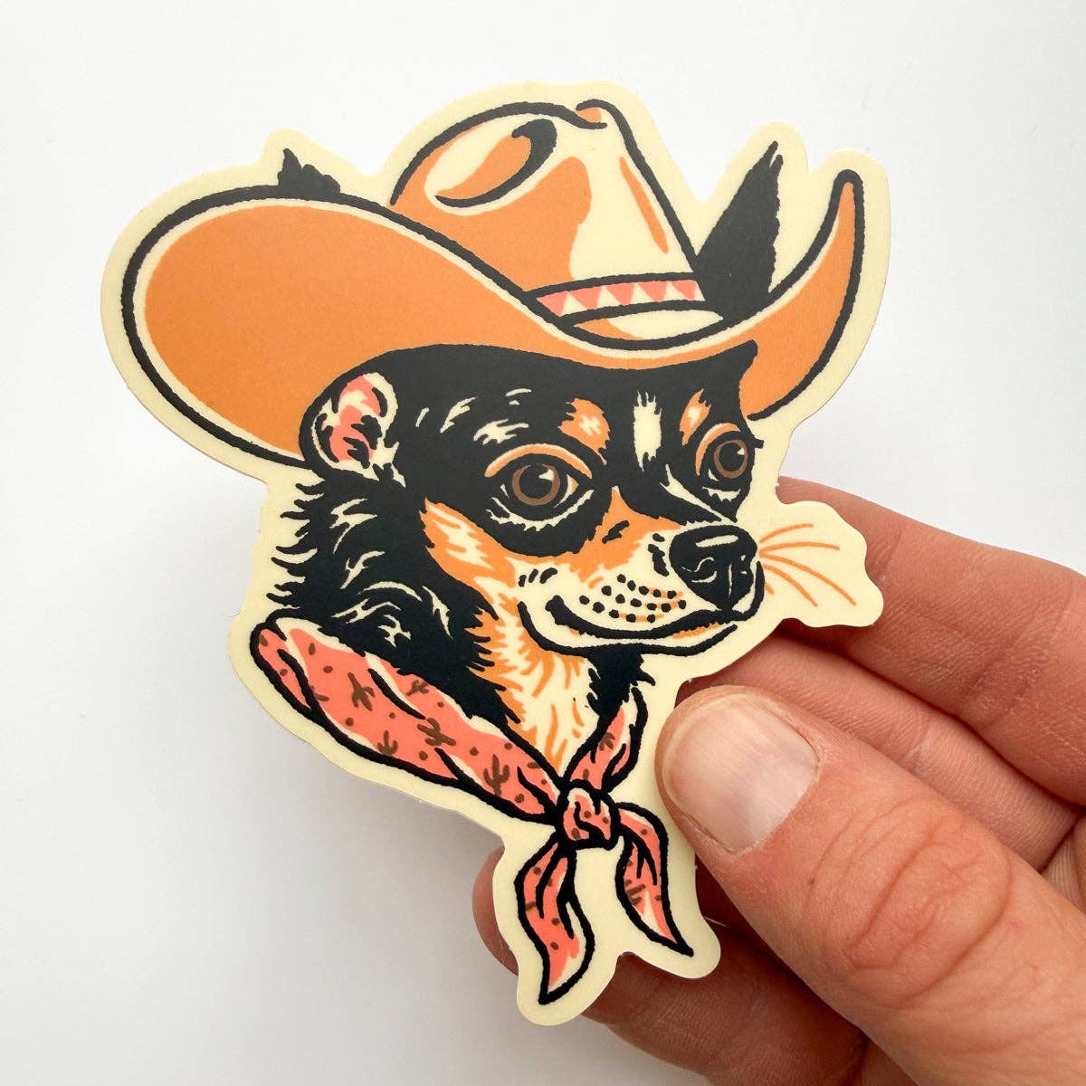 Chihuahua (Black/Tan) Cowdog - 4 Inch Matte Vinyl Cowboy Dog Sticker