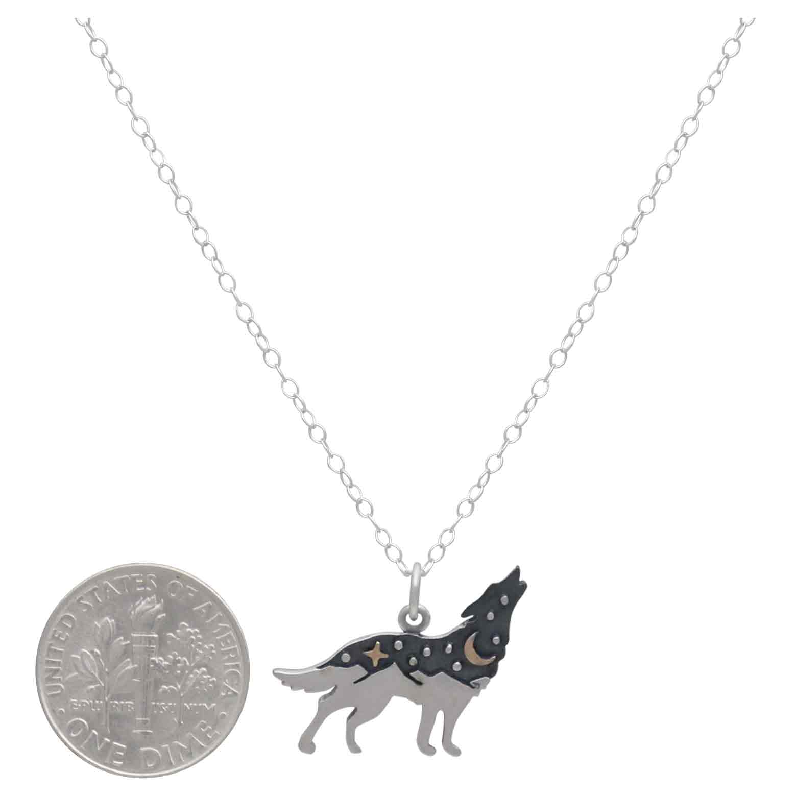 Sterling Silver Wolf with Bronze Necklace