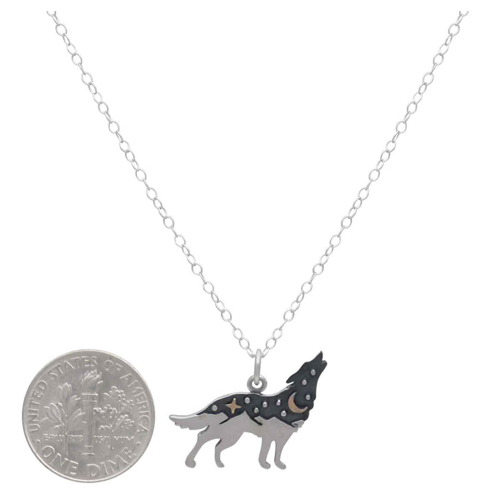 Sterling Silver Wolf with Bronze Necklace