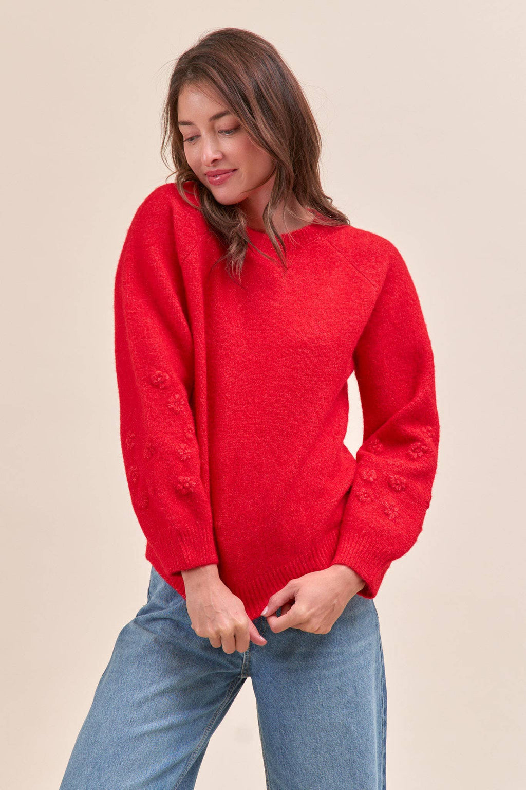 FLORAL KNIT PUFF SLEEVE SWEATER