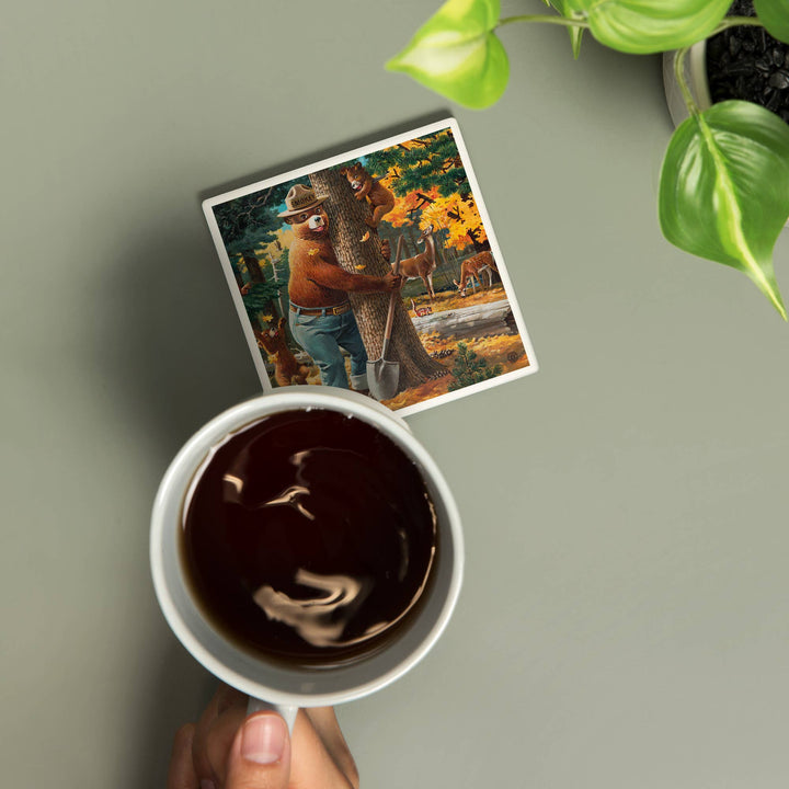 CERAMIC COASTER Smokey Bear, Hugging Tree