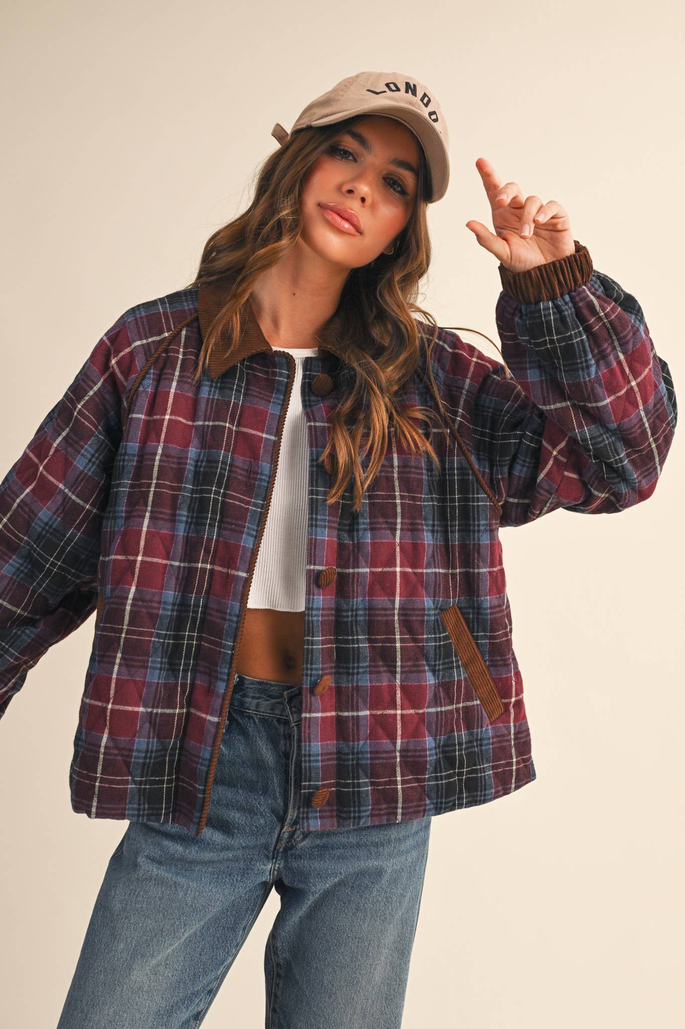 PLAID QUILTED JACKET WITH CONTRAST CORDUROY DETAIL