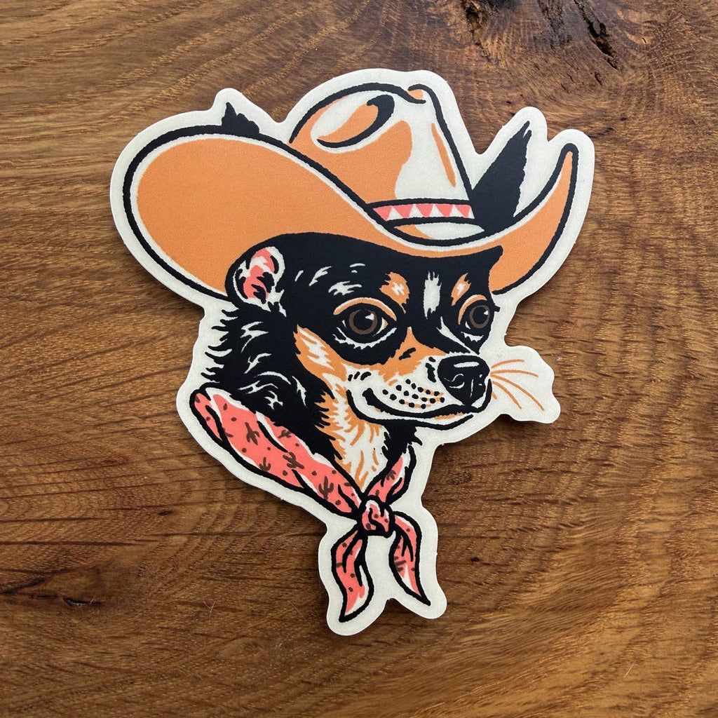 Chihuahua (Black/Tan) Cowdog - 4 Inch Matte Vinyl Cowboy Dog Sticker
