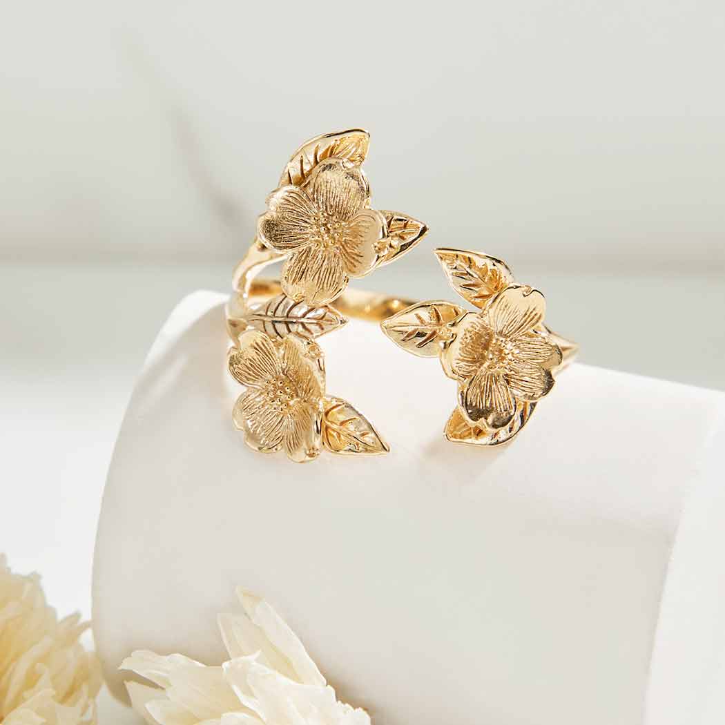 Silver or Bronze Adjustable Dogwood Flower and Leaf Ring