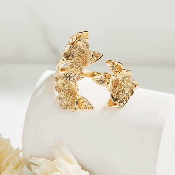 Silver or Bronze Adjustable Dogwood Flower and Leaf Ring
