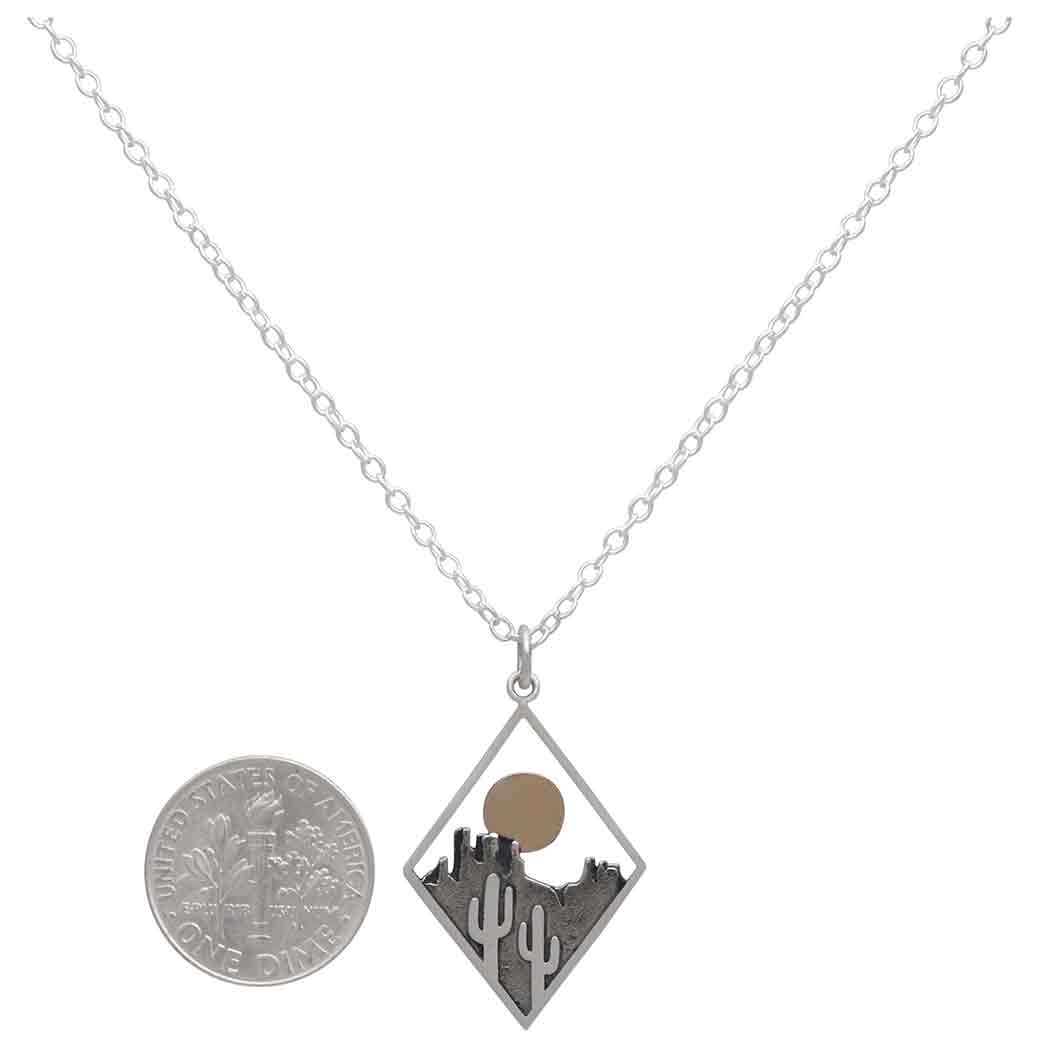 Sterling Silver Cactus with Bronze Sun Necklace