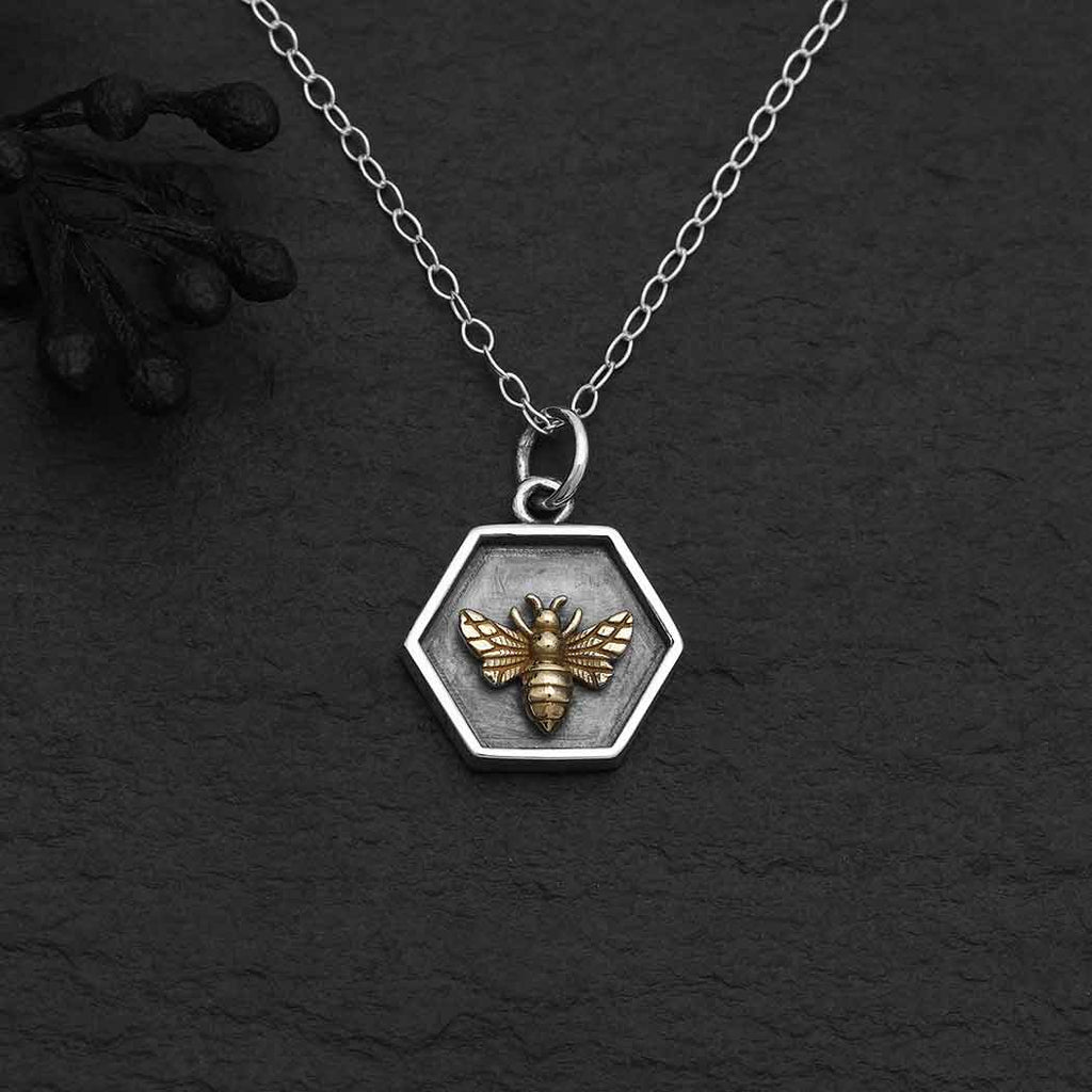 Silver Hexagon and Bronze Bee Necklace