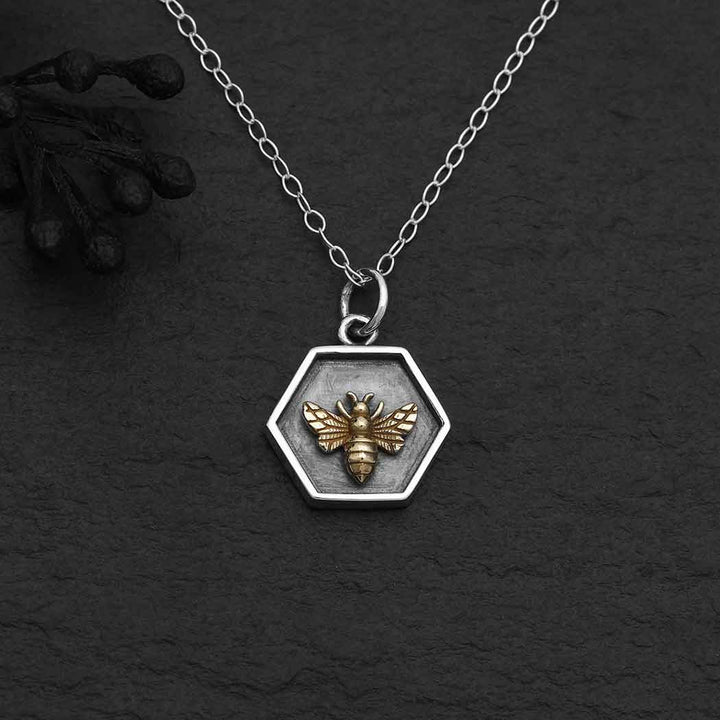 Silver Hexagon and Bronze Bee Necklace